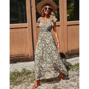 Ditsy Floral Ruffle Trim V Neck Smocked Waist Boho Maxi Dress M L XL Nwt